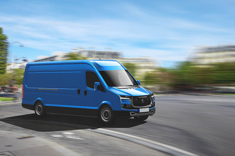 Transportation service with a blue van moving fast on the road Renters just moved into modern house, delivery service with boxes