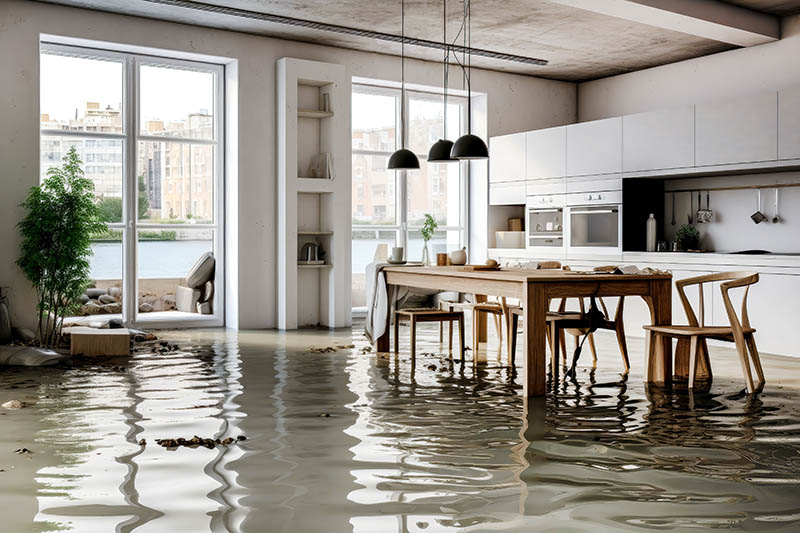 Flooded house with rooms full of water Renters just moved into modern house, delivery service with boxes