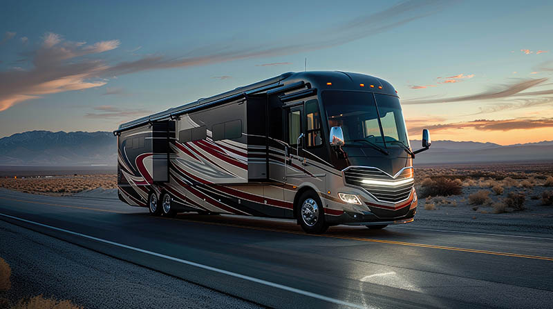 A new modern motorhome journeying on the drive. Experience luxury and comfort on wheels in this spacious mobile home adventure. Vacation travel in RV trip in motorhome with modern van